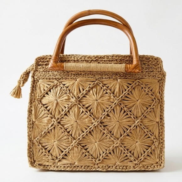Fossil Handbags - Fossil Vintage Straw Raffia Handbag Floral Lining Wood Handles